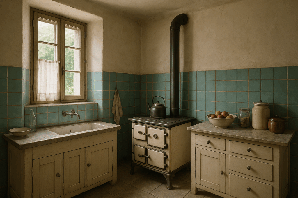 Interior of kitchen in Ticino. Slight deviations are visible.