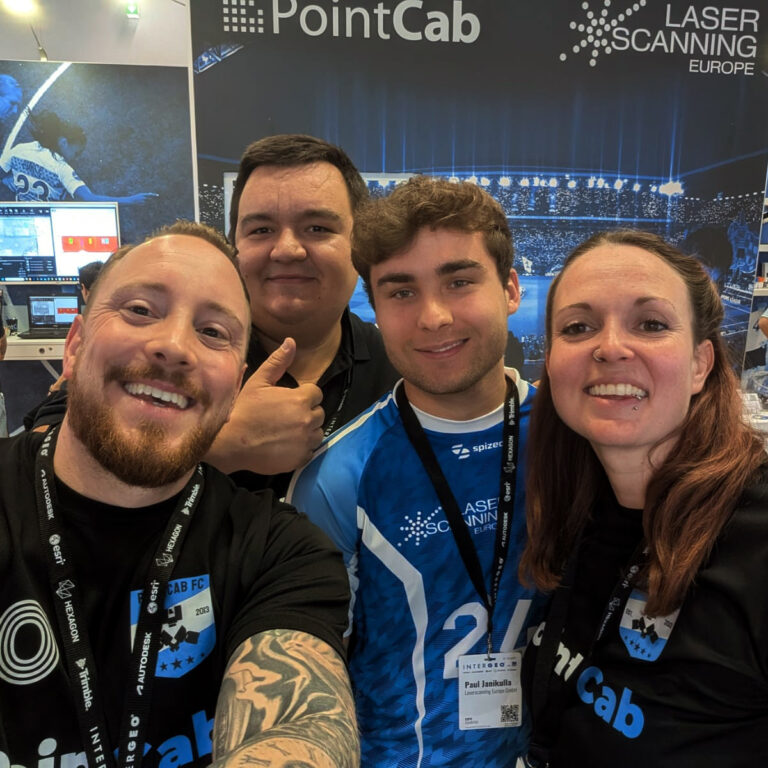 selfie of 4 people on the pointcab and laserscanning booth at intergeo 2025
